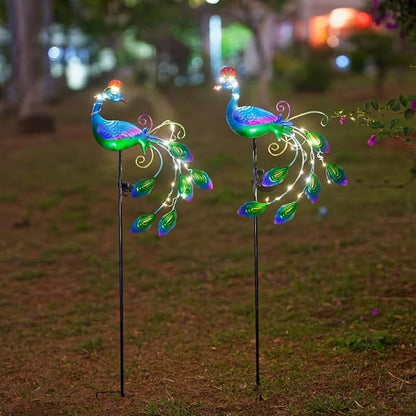 DREAMSOUL 2 Pack Metal Peacock Solar Lights Outdoor Waterproof LED Solar Lights, Decorative Garden Stakes for Yard Pathway Peacock Decor