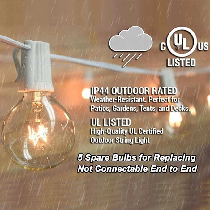 Abeja Outdoor String Light G40-100Ft with 105 Edison Glass Bulbs, 5W, E12 Socket Base, UL Listed Waterproof for | Lumora