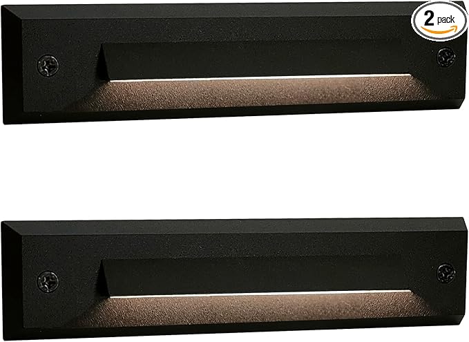 GKOLED 2-Pack Low Voltage 9-15V AC/DC LED Linear Step Lights, 2W Landscape Cutoff Stair Riser Light, Outdoor Waterproof Accent Lighting Fixtures, Die-cast Aluminum with Black Powder Coated Finish