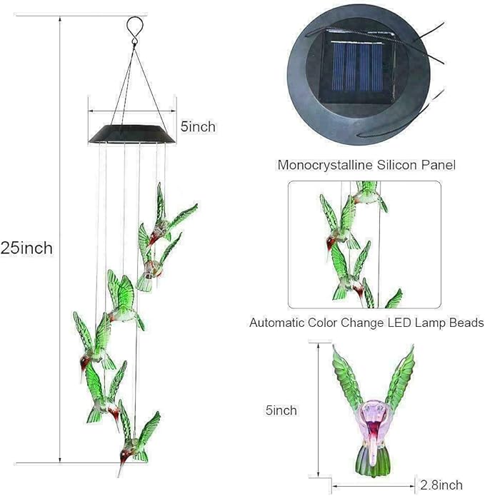 Hummingbird Solar Light - Color Changing Wind Chime for Outdoor Garden, Walkway, Pathway, Backyard - Christmas Decoration, Party Decor (Green Wing)