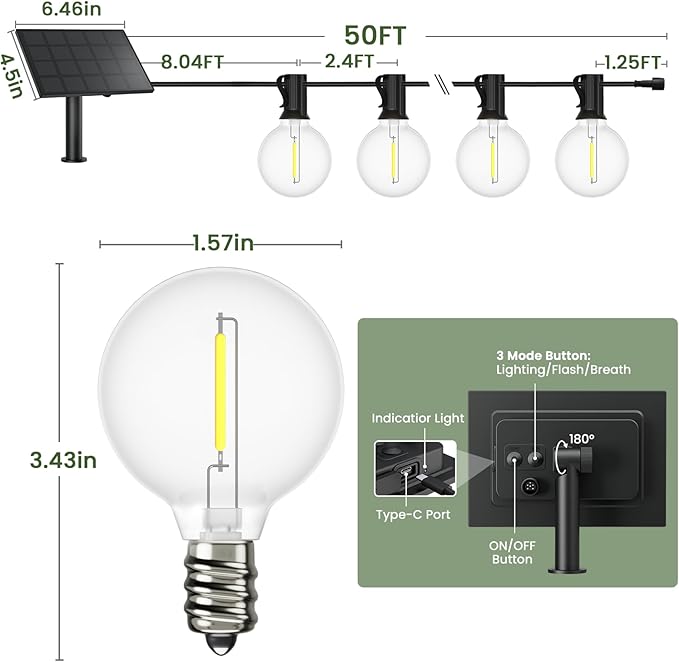 Svater Solar Outdoor String Lights 50 FT, G40 Patio Lights Shatterproof Dimmable Vintage Edison Bulbs, Solar | Lumora