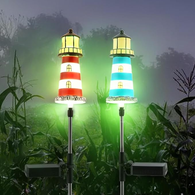 2 PCS Solar Lighthouse,7 Colors Changing Lighthouse Solar Light Outdoor Decor for Yard and Garden,Path Lights Lighthouse,IP65 Waterproof