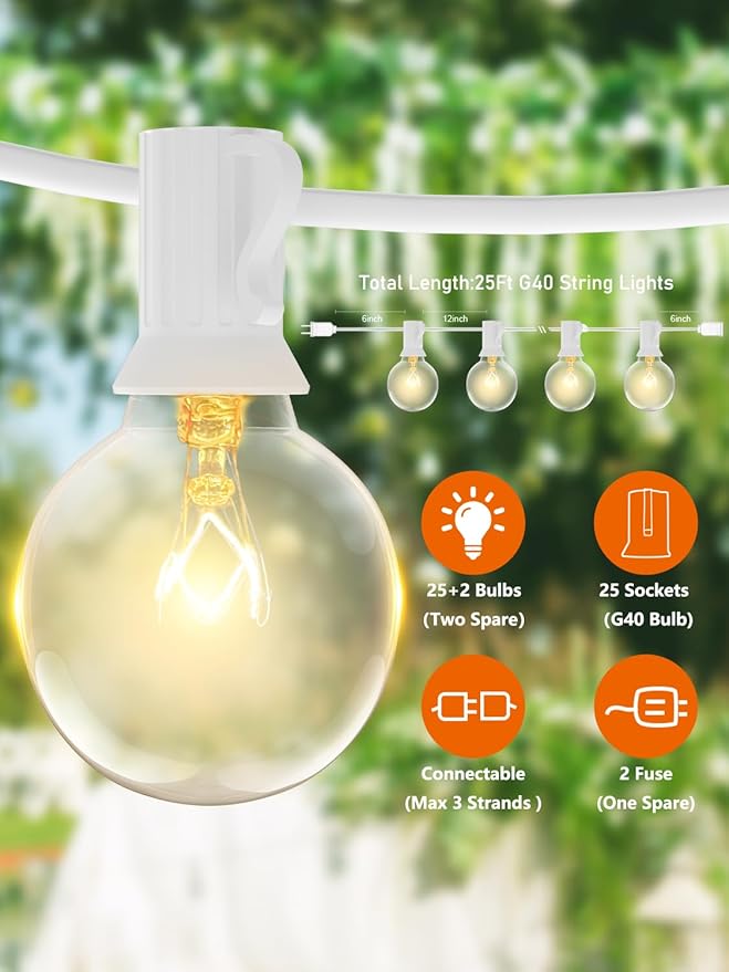 25FT G40 Outdoor String Lights with 27 Globe Clear Bulbs(2 Spare) Patio String Lights Outdoor Waterproof for Party Wedding Garden Commercial Decoration, 5 Watt Bulbs E12 Base- White Wire