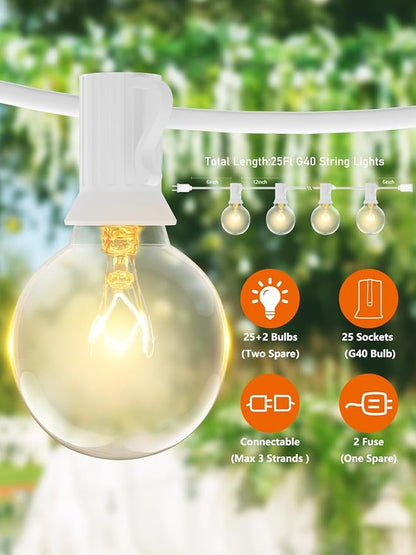 25FT G40 Outdoor String Lights with 27 Globe Clear Bulbs(2 Spare) Patio String Lights Outdoor Waterproof for Party Wedding Garden Commercial Decoration, 5 Watt Bulbs E12 Base- White Wire