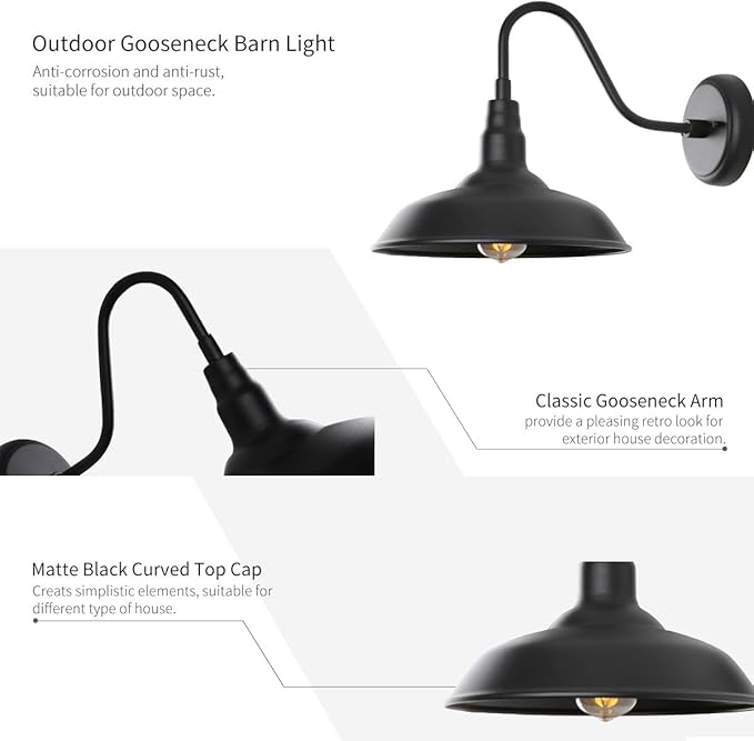 Black Outdoor Barn Light with Wall Mount 2 Pack Exterior Gooseneck Lights with 10" Dome, Farmhouse Style Outside | Lumora