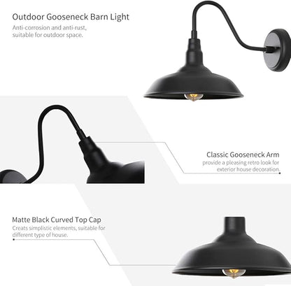 Black Outdoor Barn Light with Wall Mount 2 Pack Exterior Gooseneck Lights with 10" Dome, Farmhouse Style Outside Wall Sconce for House, Porch, Patio
