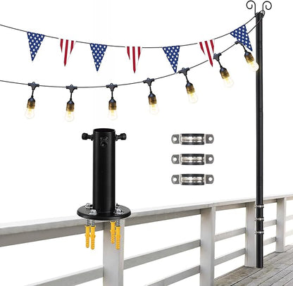String Light Poles, 12.6 FT Light Poles for Outside Patio, Outdoor Deck Lighting Poles with Brackets for Fence and Base for Wood Concrete Mount, Heavy Duty Metal Stand Hanging Garden Party Decoration
