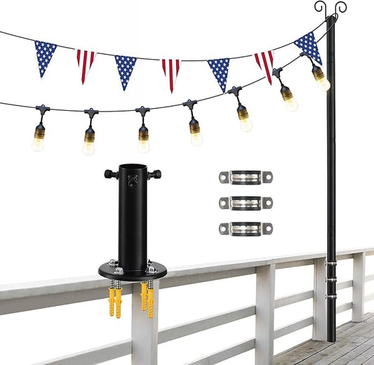 String Light Poles, 12.6 FT Light Poles for Outside Patio, Outdoor Deck Lighting Poles with Brackets for Fence and Base for Wood Concrete Mount, Heavy Duty Metal Stand Hanging Garden Party Decoration
