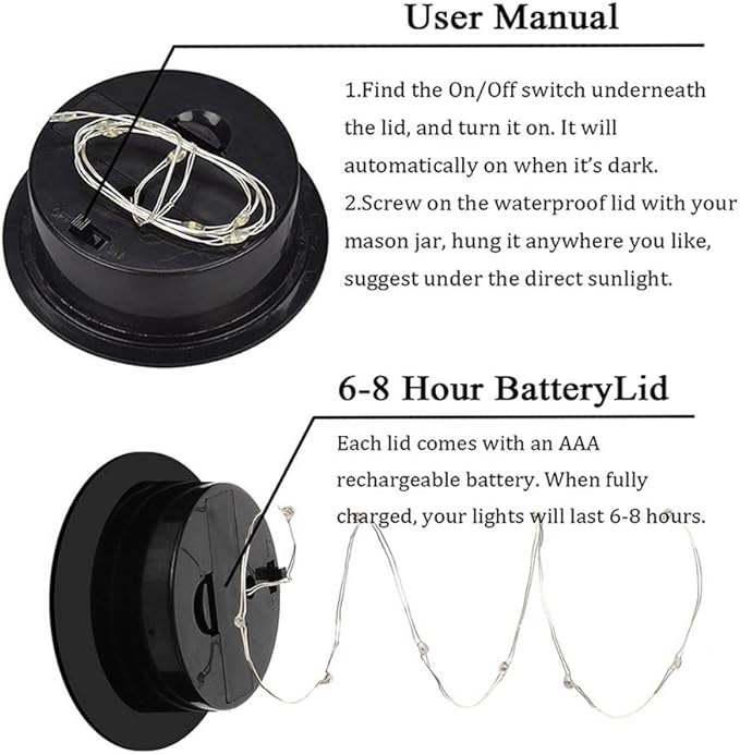 Miaro 6 Pack Mason Jar Lights, 10 LED Solar Cold White Fairy String Lights Lids Insert for Garden Deck Patio Party Wedding Christmas Decorative Lighting Fit for Regular Mouth Jars …