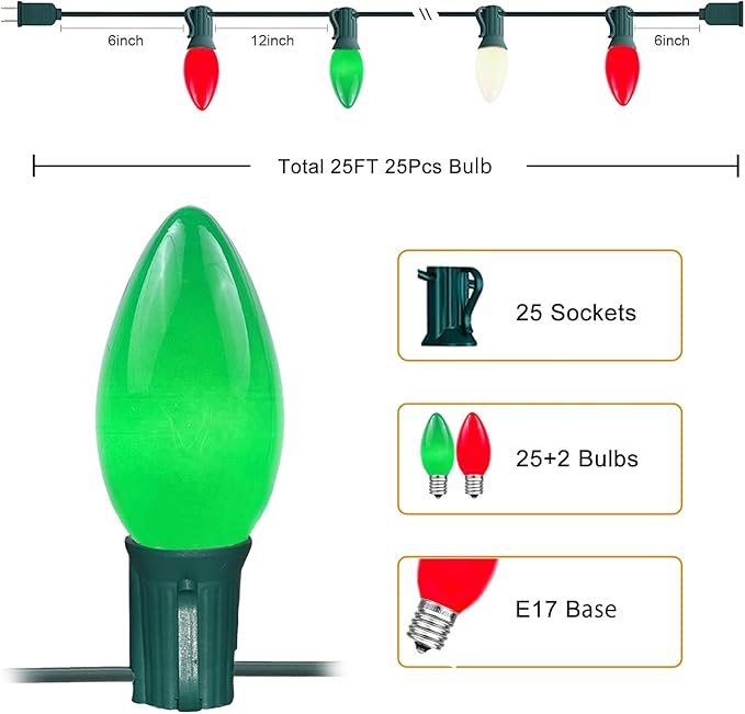 25Ft C9 LED Christmas Lights Outdoor Indoor, Multicolor Red Green White Vintage String Lights, Connectable Holiday | Lumora