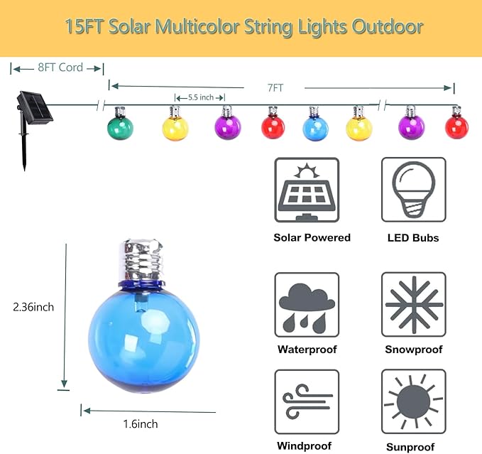 Vigdur Solar String Lights Outdoor, 7Ft Globe Multicolor String Lights with 15 Plastic Shatterproof LED Bulbs, Hanging Outdoor Patio Lights for Outside Backyard Porch Balcony Party