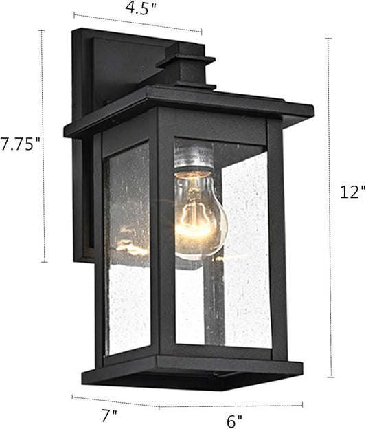 MICSIU 2-Pack Black Outdoor Wall Sconce, 12-Inch Modern Square Exterior Light Fixtures with Clear Seedy Glass, Anti-Rust Waterproof Outside Wall Mount Lantern for House, Porch, Garage, E26 Base