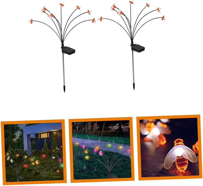 ARTIBETTER 2pcs Solar Powered Bee Stake Lights, 8-Bulb Decorative Outdoor Garden Solar Lights for Yard, Lawn, Pathway, Weatherproof Landscape Lighting