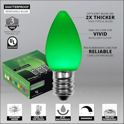 Opticore LED Green Commercial C7 Christmas Lights Vintage Style Smooth Opaque Finish for St Patrick's Day, Heavy Duty Green Wire (100 Lights, 100 ft)