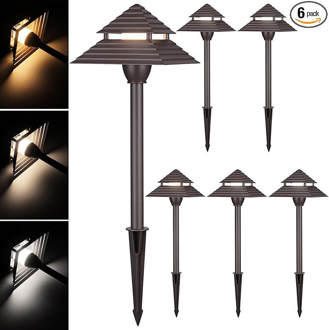 LEONLITE 3CCT Low Voltage Pathway Lights, LED Landscape Path Lights, 3000K/4000K/5000K, 2-Tier Pagoda Head, 12-15V AC/12-24V DC, IP65 Outdoor Walkway Light, Bronze Aluminum Housing, Pack of 6