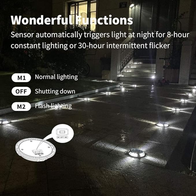 Solar Road Path Deck Dock Warning Lights with 8 Bright White LED, ON, Off, Flash and Constant On Functions - 4 Pack