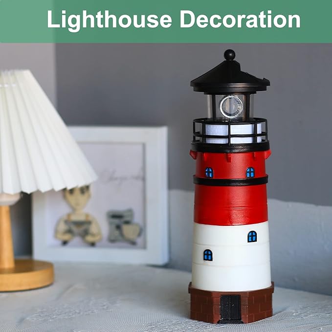 Lighthouse with Rotating Beacon LED Lights - Solar Lighthouse Lamp Outdoor Decorative for Garden Patio Well Cover Gifts(Classic Red)