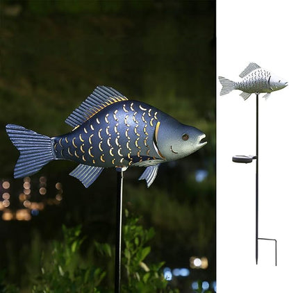 KAIXOXIN Solar Garden Lights Metal Fish Decorative Stake for Outdoor Patio Yard Decorations,Warm White LED Solar Path Lights (Silver-1)