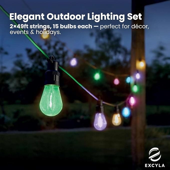 Smart Outdoor String Lights for Patio & Backyard | LED Color Changing Dimmable Bulbs | Waterproof & Shatterproof Design | Remote & App Control | Alexa Compatible | 15 Bulbs | 50ft | Pack of 2