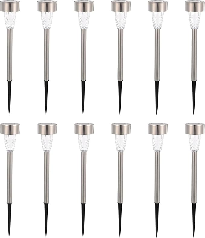 Kisangel 12pcs Outdoor Solar Pathway Lights Stainless Steel Warm Glow Lawn Lights for Garden Patio Walkway Easy Installation 12pcs