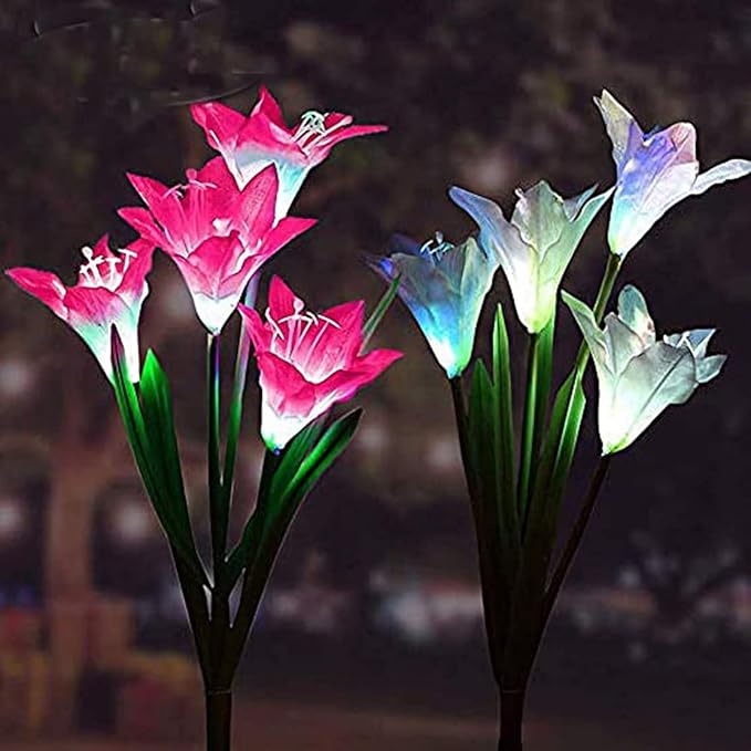 Ulalaza 2PCS Garden Solar Lights Multi-Color Changing 4 LED Flower Stake Light Decorative Landscape Lawn Yard Outdoor Lights Lily White and Red Length is 800mm/30inch