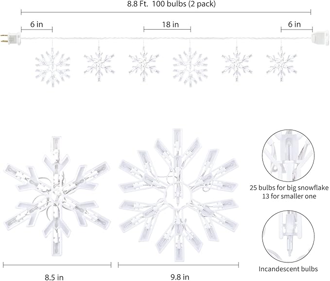 Minetom Snowflake Christmas String Lights - 2 Pack 6 Drops 8.8 Ft. 100 Mini Bulb Snowflake Icicle Lights with Hooks Connectable Hanging Lights for Xmas Rooftop Home Indoor Outdoor Party Wedding