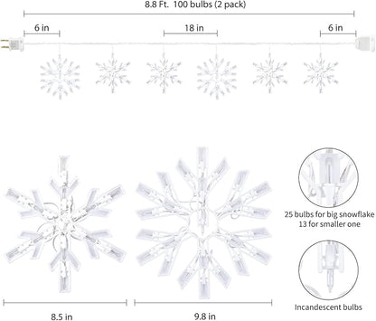 Minetom Snowflake Christmas String Lights - 2 Pack 6 Drops 8.8 Ft. 100 Mini Bulb Snowflake Icicle Lights with Hooks Connectable Hanging Lights for Xmas Rooftop Home Indoor Outdoor Party Wedding