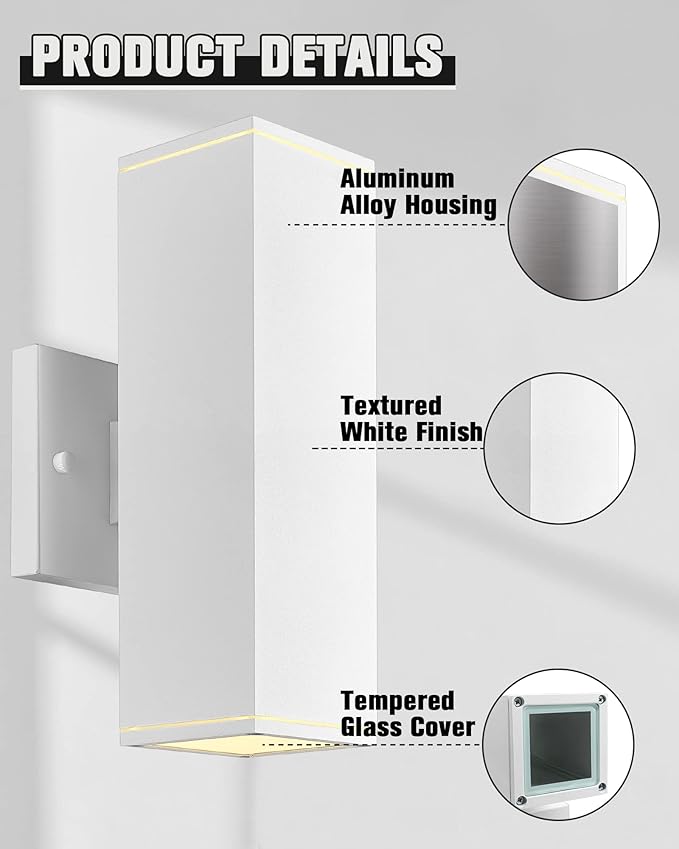 Ken & Ricky Outdoor Wall Light Fixture,Exterior Lighting Fixtures,Modern Sconce Lights for Porch Patio Garage Front Door (White,Square,No Sensor,1PK)