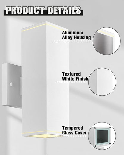 Ken & Ricky Outdoor Wall Light Fixture,Exterior Lighting Fixtures,Modern Sconce Lights for Porch Patio Garage Front Door (White,Square,No Sensor,2PK)