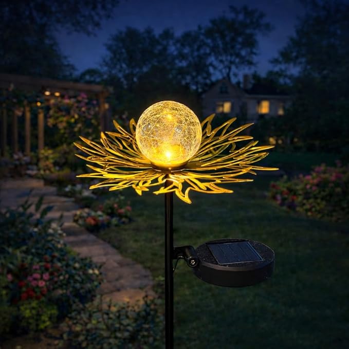 Solar Garden Lights Outdoor Decor, Metal Flower Stake Light with Warm White Crackle Glass Globe, Waterproof Decorative Solar Yard Art for Patio Lawn Backyard Pathway, Gardening Gift(Gold)
