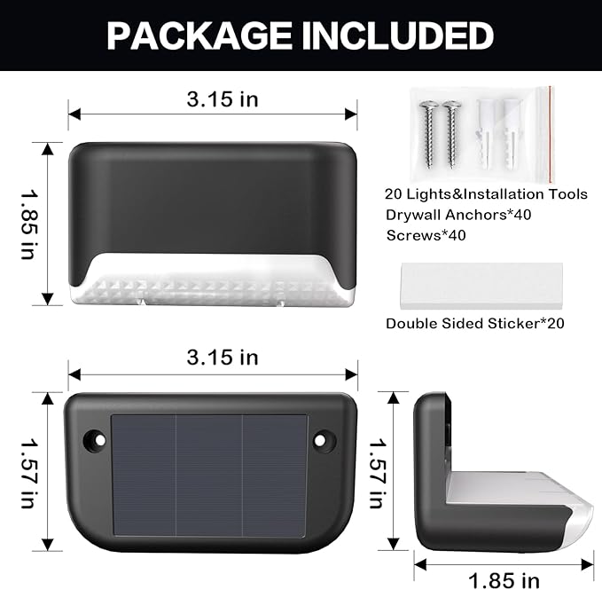 Solar Deck Lights Outdoor, 20 Pcs Solar Step Lights, Waterproof LED Solar Lights for Outdoor Stairs, Step, Fence, Yard, Patio, Railing, Garden and Pathway