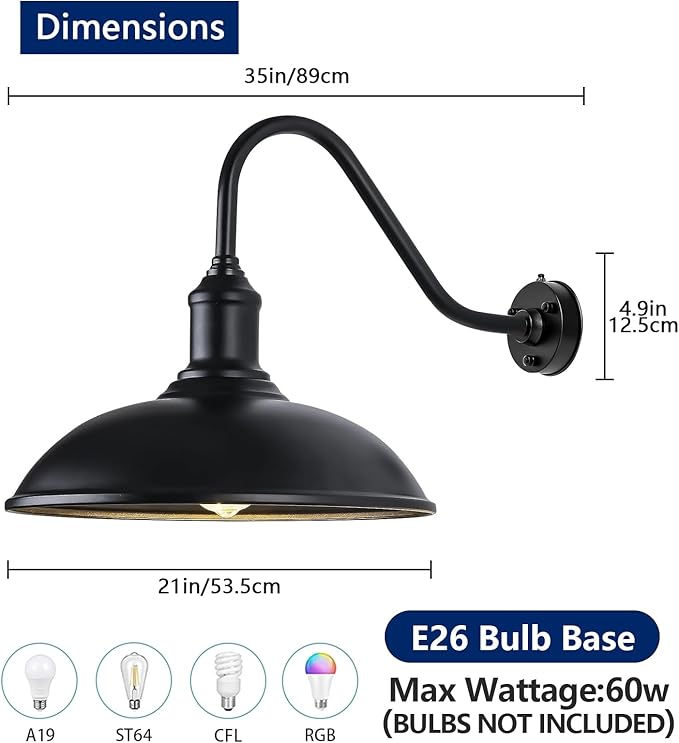21 Inch Large Dusk to Dawn Outdoor Barn Light, Farmhouse Gooseneck Exterior Light Fixture Wall Mount, Vintage Black Outdoor Barn Light Fixtures,Gooseneck Light Fixtures for Garage