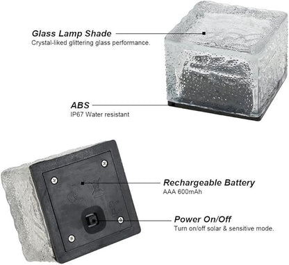 Solar Glass Brick Lights, Ice Cube Lights Solar Landscape Light Buried LED Frost Glass Path Lights for Garden, Outdoor Decoration Waterproof 4-Pack (Blue)
