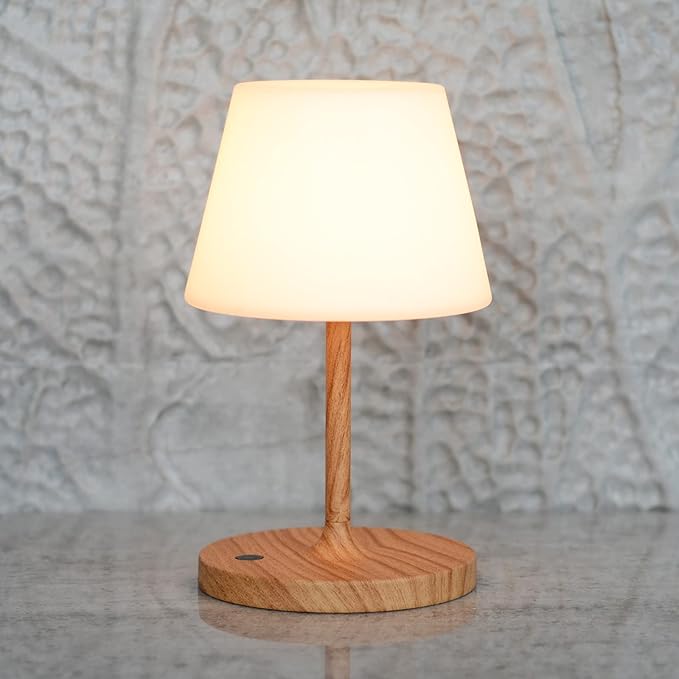 Outdoor Table Lamp/Cordless USB Rechargeable 4000mAh / 2700K LED/Touch Dimmable/Portable Battery Operated / IP44 Waterproof/PE Shade/Bedroom Dinning Camping Patio (9.6in, Wood Grain)