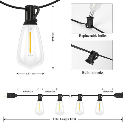Brightever 120FT Outdoor String Lights Waterproof, 2700K Bright LED Patio Lights with 62 ST38 Shatterproof Vintage Bulbs, Retro Connectable Edison String Lights for Outside, Garden, Balcony, Porch