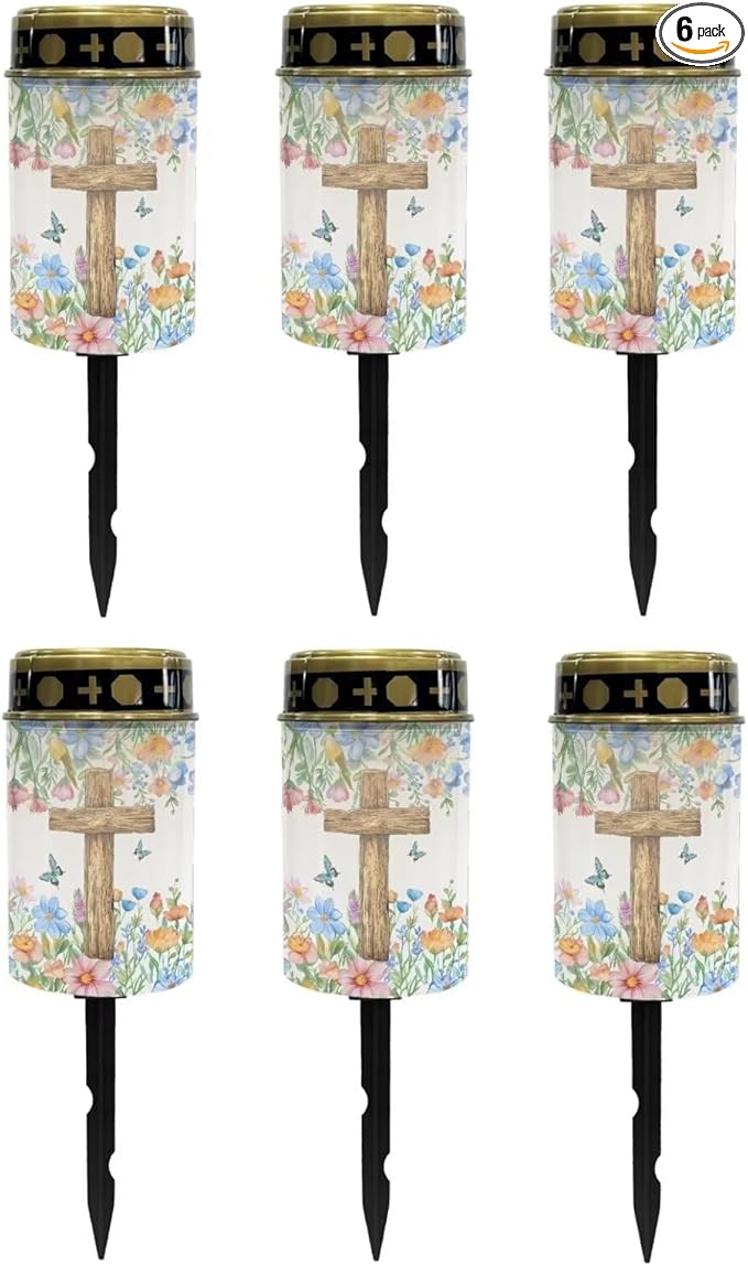 Poceacles Cross Solar Lights Solar Cemetery Lights Solar Grave Lights Outdoor Waterproof Decoration Pathway Lights Garden Solar Candle for Memorial Day Decor, Flower Butterfly Cross, Pack of 6
