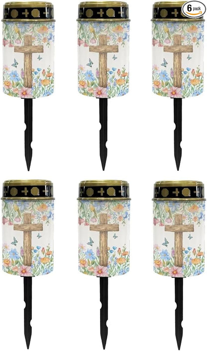 Poceacles Cross Solar Lights Solar Cemetery Lights Solar Grave Lights Outdoor Waterproof Decoration Pathway Lights Garden Solar Candle for Memorial Day Decor, Flower Butterfly Cross, Pack of 6