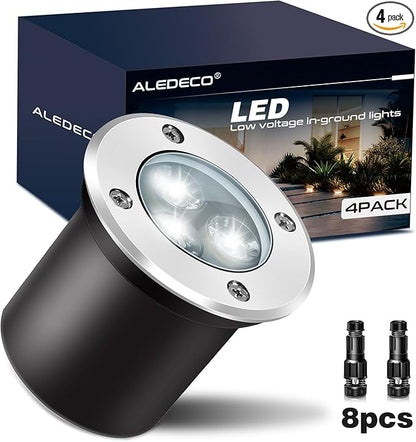 4Pack 3W Low Voltage Landscape Lights with Connectors 12-24V LED In-Ground Lights IP67 Waterproof Garden Lighting 6500K Outdoor Well Light for Yard Pathway Driveway Deck (Cool White)
