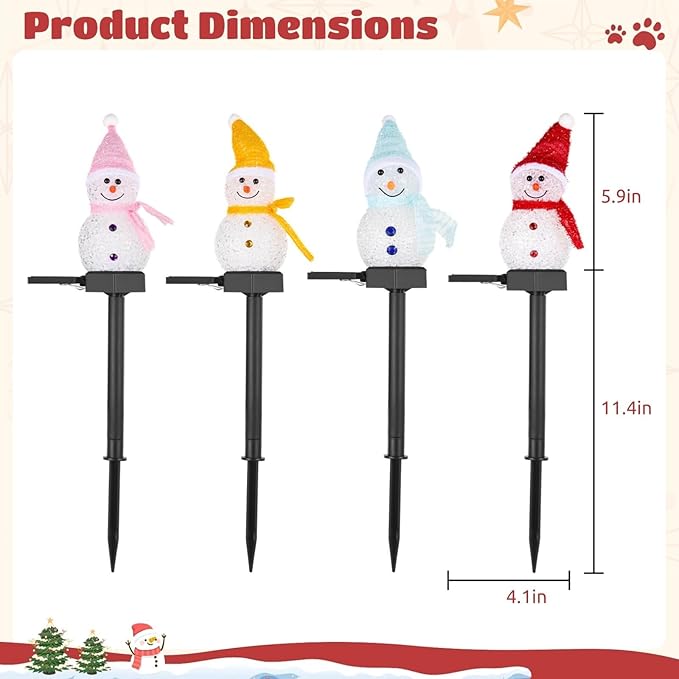 4-Piece Solar Snowman Led Lights, Outdoor Christmas Garden Stake Lights, Waterproof Solar Pathway Lights for Yard & Holiday Decor