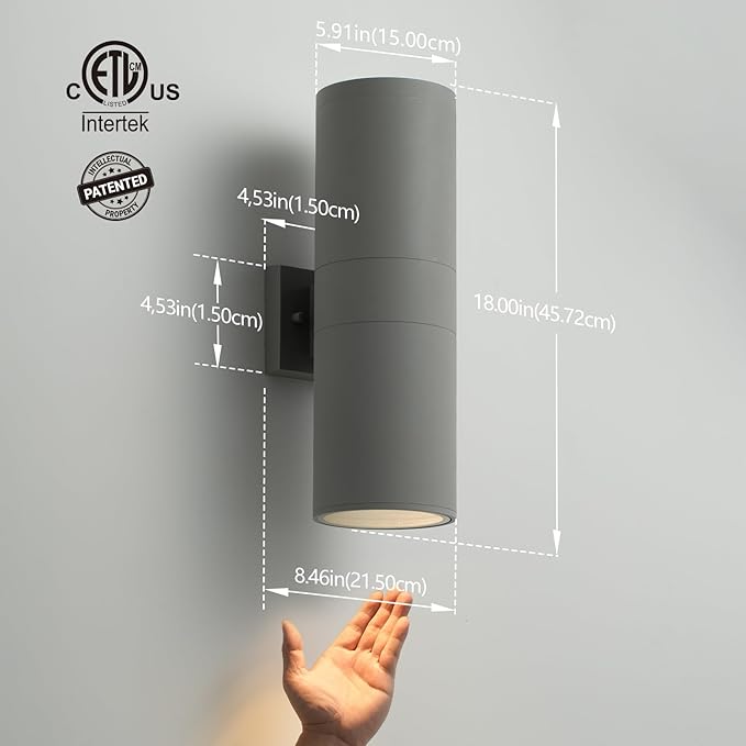 mirrea 18" Modern Outdoor Porch Light Patio Light in 2 Lights with Aluminum Cylinder and Tempered Glass Cover | Lumora