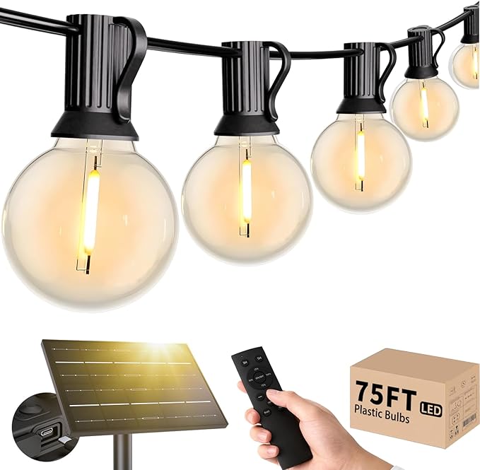 Svater Solar Outdoor String Lights 75 FT, G40 Patio Lights Shatterproof Dimmable Vintage Edison Bulbs, Solar | Lumora