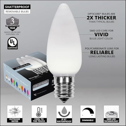 Wintergreen Lighting Set of 50 C9 OptiCore LED Cool White Christmas Lights – Commercial Outdoor Heavy Duty Bulbs with Vintage Ceramic Finish for Weddings, Party, Bedroom (50 Ft)