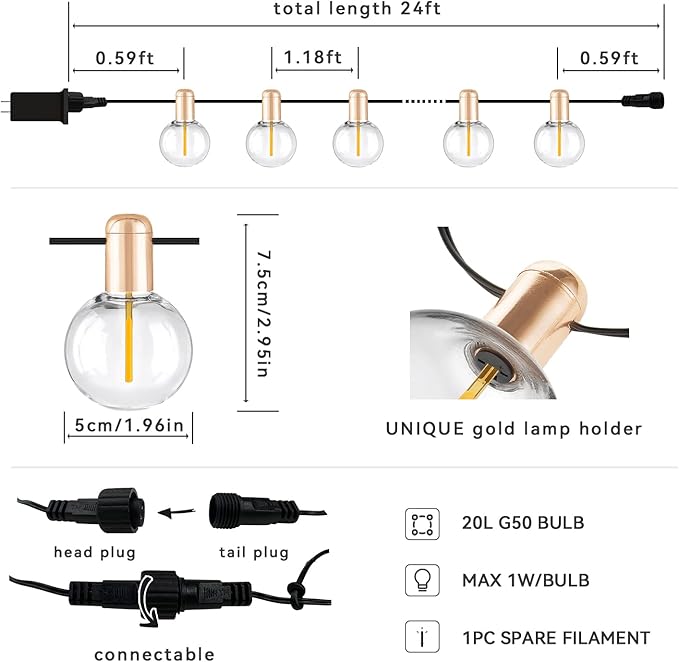 L.A. NOVA String Lights Indoor, G50 with 20 Shatterproof Bulbs LED Vintage 24Ft Lights for Bedroom Decor, Pluggable Filament, Transformer Extension, Dimmer…