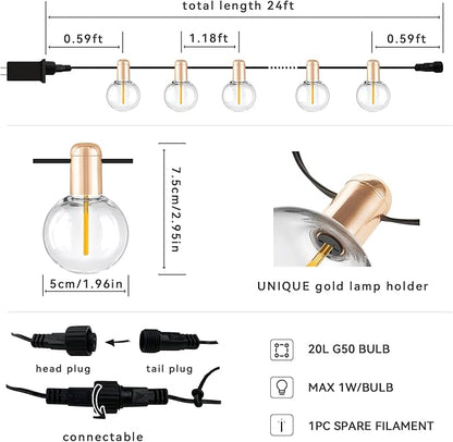 L.A. NOVA String Lights Indoor, G50 with 20 Shatterproof Bulbs LED Vintage 24Ft Lights for Bedroom Decor, Pluggable Filament, Transformer Extension, Dimmer…