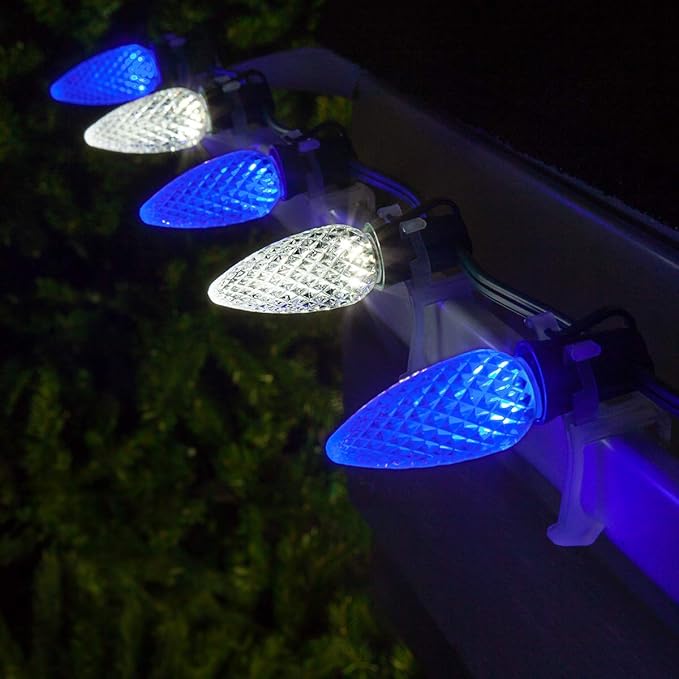 Wintergreen Lighting C9 OptiCore LED Blue & White Commercial Outdoor Christmas Lights – Heavy Duty Bulbs on 18 Gauge Green Wire for Holiday Displays (100 Lights, 100 ft, Blue/Cool White)