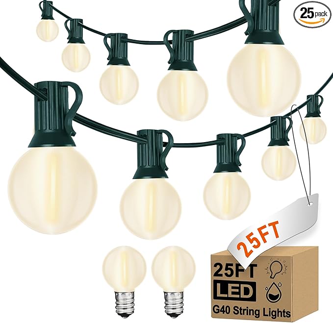 25ft Outdoor Christmas LED String Lights,G40 Frosted White Globe Lights with 27pcs Plastic Bulbs,Round Bulb | Lumora