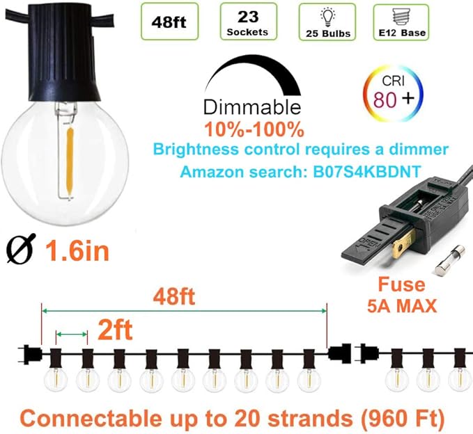 Outdoor String Lights 48ft with LED Filament Bulbs 23+2(Spare) Dimmable Shatterproof Waterproof, for Indoor/Outdoor Decoration and Lighting, Edison Vintage Style Warm 2200K