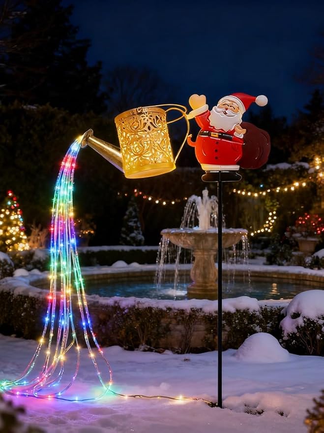 Christmas Santa Solar Kettle Lights, New Santa Claus Solar Watering Can Kettle Lights Outdoor, Metal Waterproof Garden Lantern for Yard, Patio, Lawn, Pathway Colorful Light 1pc