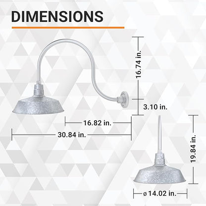 14in. Galvanized Finish Outdoor Gooseneck Barn Light Fixture with 24in. Long Extension Arm - Wall Sconce Farmhouse, Vintage, Antique Style - UL Listed - 9W 900lm A19 LED Bulb (5000K Cool White)