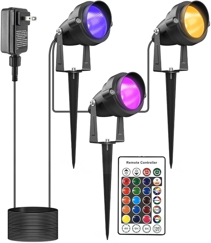Outdoor Spotlights with Timer, Colored Yard Spot Lights Warm White RGB LED Landscape Light IP65 Waterproof Uplight with Spiked Stand for Lawn House Flag Pathway Porch Christmas (3 Lights)